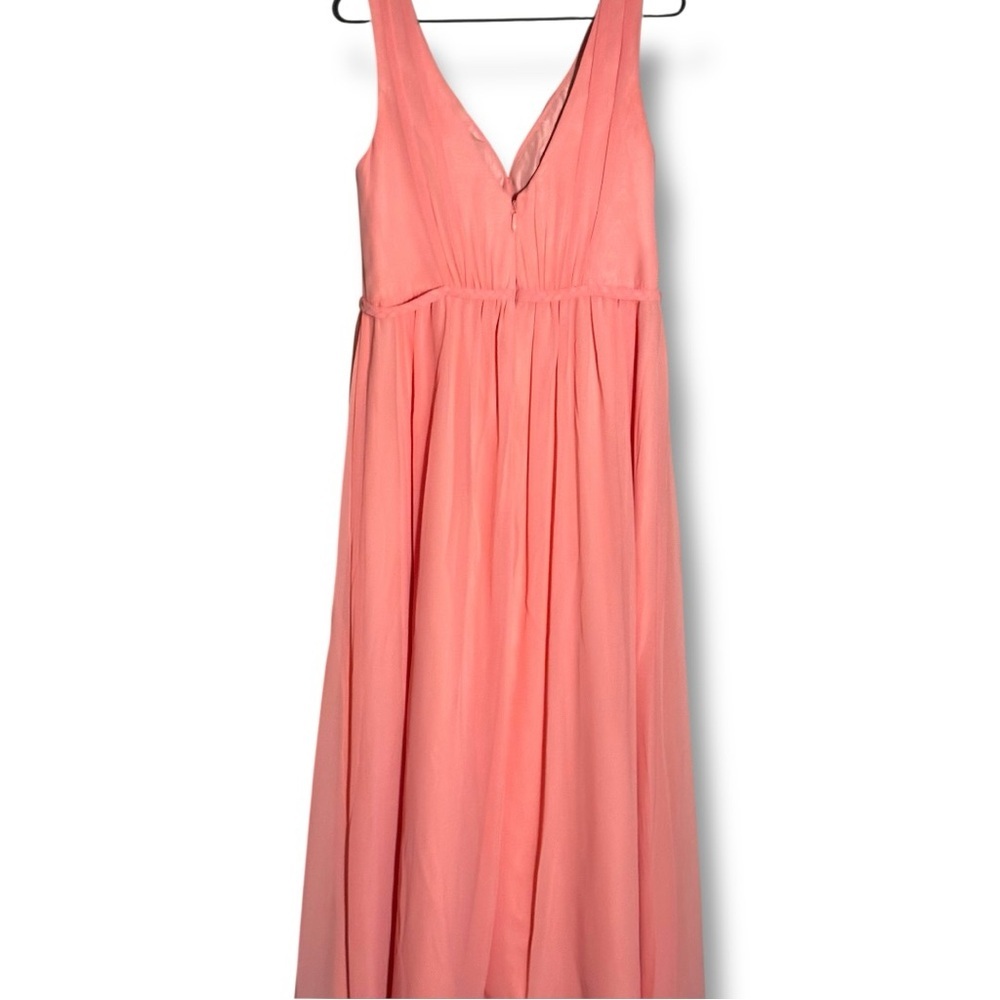 Azazie Coral Pink V-neck and Back High Slit Braided Waist Sleeveless Maxi Dress - Picture 16 of 16